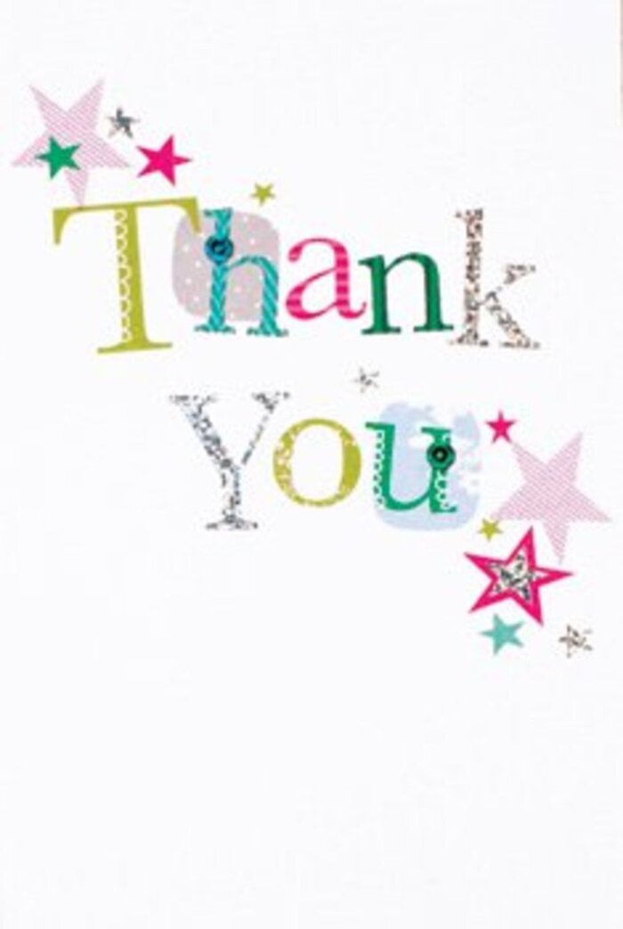 This thank you card is quietly exuberant, its arrangement of letters capturing the gentle warmth and vibrant charm familiar to Kingsbury. Each letter is thoughtfully rendered-some adorned with cheerful polka dots, others with graceful, curving forms-embodying the diversity found along the local high streets. A constellation of stars brightens the composition: stripes of sparkling pink, deep turquoise, and touches of silver shimmer together in celebratory clusters around the message. The effect is light and modern but deeply sincere, like the calm beauty of Kingsbury's hidden gardens after morning rain. The entire design feels open and welcoming, equally suited for formal thanks or spontaneous kind gestures. This card, perfectly at home alongside a bouquet from a trusted Kingsbury Florist, becomes more than just a note-it's a genuine token of appreciation as uplifting as scented blooms and as memorable as friendly chats in Kingsbury Market Square.