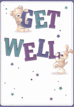 This delightful get well card, ideal for sending comfort to friends and family in Kingsbury, features a pair of charming companions: a soft teddy bear perched jauntily atop the word 'GET' and a smiling puppy snuggled beneath the sturdy 'WELL.' Their rounded forms evoke a sense of safety and affection, while scattered stars glimmer in tranquil purples and blues across the crisp white background, offering hints of magic found on quiet strolls past Kingsbury High Road. The text is bold and lively, painted in confident strokes of teal and indigo-a visual echo of the uplifting bouquets designed by Kingsbury Florist for neighbours in need of cheer. The tactile effect of the animal's fur invites thoughts of soft petals and lush greenery arranged with careful hands. This card is crafted to radiate encouragement, pairing innocence with hope, and offers the same uplifting comfort as a thoughtfully delivered arrangement designed to brighten recovery in Kingsbury.