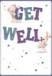 Radiant and comforting, this get well card brings to mind the optimistic spirit of Kingsbury's close-knit community. At the heart of the scene, a plush teddy bear and a sprightly puppy joyfully balance and embrace bold 'Get Well' letters, rendered in lively indigo and teal against a soft, inviting background. The characters' fluffy fur and floppy ears almost invite a gentle touch, echoing the tactile delight of a freshly gathered bouquet from Kingsbury Florist. Scattered stars in varied blues and purples glisten like reflections on Silkstream Park's morning dew, imbuing the design with a sense of magic and hope. The overall mood is playful and sincere, a visual representation of the supportive gestures shared across Kingsbury. This card, perfect for accompanying a floral delivery, offers comfort and brightness, ensuring your well wishes are wrapped in genuine care, no matter the recipient's age or circumstance.